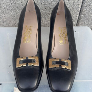 Salvatore Ferragamo Black Heels with Gold Buckle 8.5 B